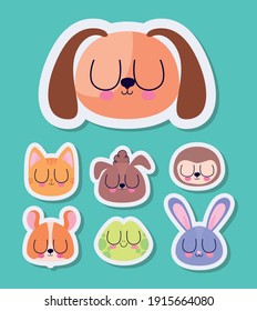set of cute pet stickers on a green background vector illustration design