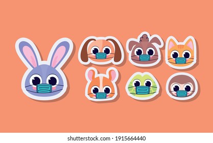 set of cute pet stickers on a orange background vector illustration design