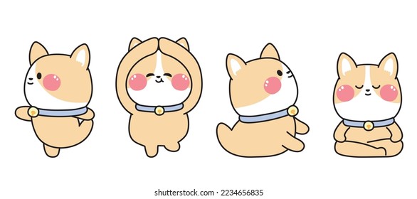 Set of cute pet in various yoga poses.dog meditation collection.Cartoon animal hand drawn.Image for card,sticker.Kawaii.Isolated.Vector.Illustration.