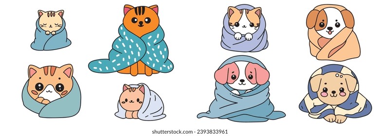 Set of cute pet wrapped in blanket. Cozy kitty and puppy colored outline. Little cat and dog wrapped in blanket in doodle style. Hand drawn vector art.