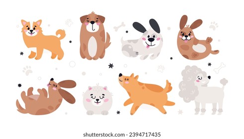 Set of cute pets dogs. Cartoon vector dog or puppy characters design collection with flat color in different poses. Set of funny pet animals isolated on white background