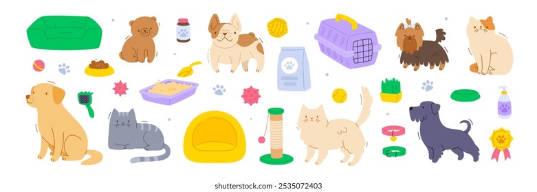 Set of cute pets and grooming accessories. Flat vector collection of cats and dogs with supplies.