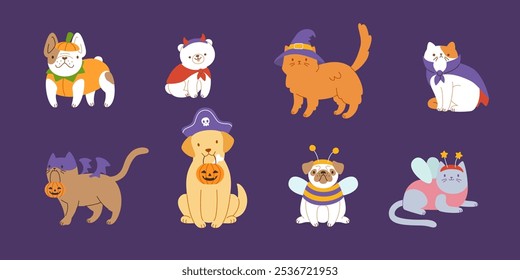 Set of cute pets in halloween costume. Halloween flat cats and dogs cartoon vector collection.