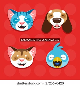 Set of cute pets muzzles. Cat, dog, hamster and bird stickers. Vector illustration.