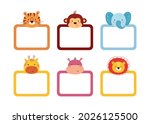 Set of cute photo frames decorated animal heads. Frames for baby photo album, invitation, note book or postcard. Box with space for text. Vector illustrations isolated on white background.