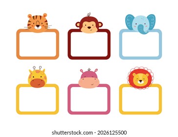 Set Of Cute Photo Frames Decorated Animal Heads. Frames For Baby Photo Album, Invitation, Note Book Or Postcard. Box With Space For Text. Vector Illustrations Isolated On White Background.