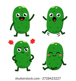 Conjunto de dibujos animados de personajes de pepinillos lindos en varias poses. Adecuado para pegatinas y otros usos.