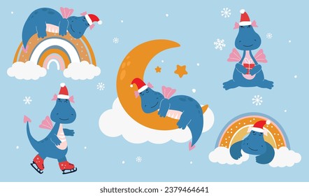 A set of cute pictures with cartoon dragons in winter. Fantasy animal sleeps on the moon, rainbow, skating, holding a gift against the background of snowflakes.