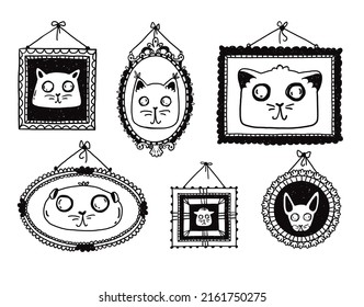A set of cute pictures with cats on the wall. Vector image