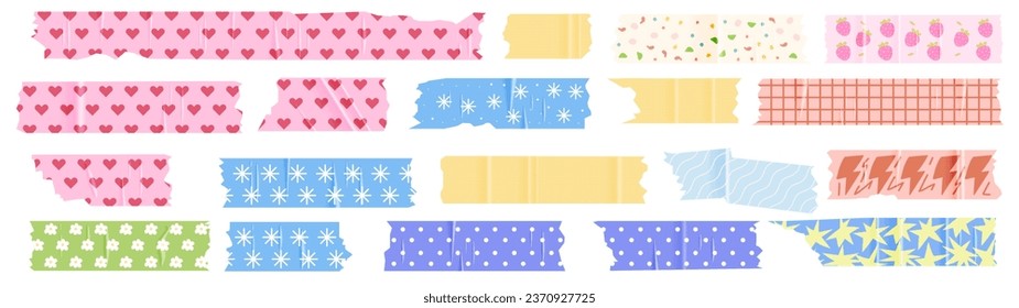 A set of cute pieces of torn scotch tape with colorful prints. Trendy scrapbooking elements with realistic texture. Vector illustrations 