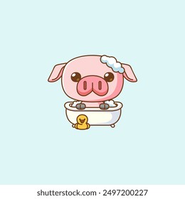 set Cute pig bathing time in bathtub kawaii chibi character mascot illustration outline style design
