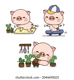 Set of Cute pig cartoon character posing in different situations. 