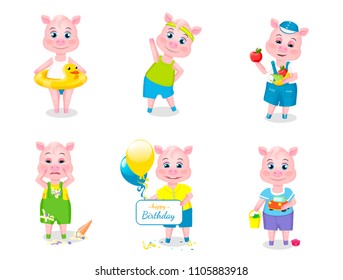 Set of cute pig cartoon characters in various poses. Vector illustration