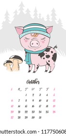 Set of cute pig cartoon characters. Chinese symbol of the 2019 year. Happy New Year. Cute funny piggy illustration.