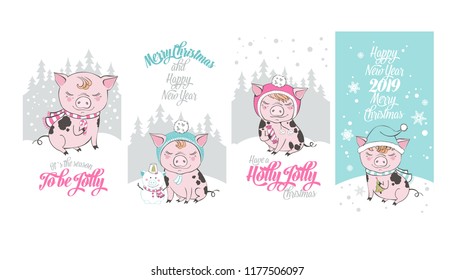 Set of cute pig cartoon characters. Chinese symbol of the 2019 year. Happy New Year. Cute funny piggy illustration.