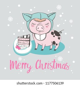 Set of cute pig cartoon characters. Chinese symbol of the 2019 year. Happy New Year. Cute funny piggy illustration.