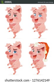 Set of cute pig cartoon characters. Vector illustration for winter retro holiday card. 2019 Chinese New Year of the Pig