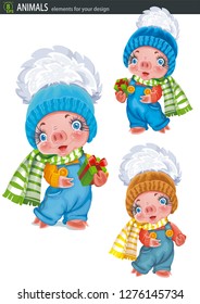 Set of cute pig cartoon characters. Vector illustration for winter retro holiday card. 2019 Chinese New Year of the Pig