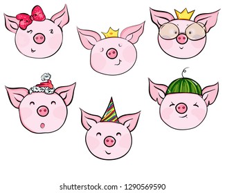 Set of cute pig cartoon characters in various emotions. Vector illustration
