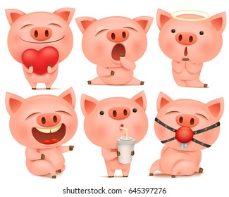 Set of cute pig cartoon characters in various poses. Vector illustration