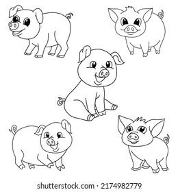 Set of cute pig cartoon coloring page illustration vector. For kids coloring book.