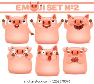 Set of cute pig cartoon emoji characters in various emotions. Vector illustration