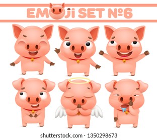 Set of cute pig cartoon emoticon characters in various emotions. Vector sticker illustration