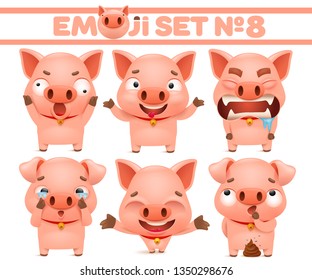 Set of cute pig cartoon emoticon characters in various emotions. Vector sticker illustration