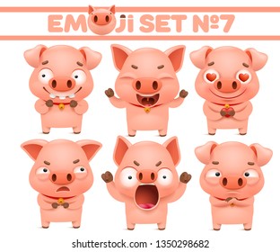 Set of cute pig cartoon emoticon characters in various emotions. Vector sticker illustration