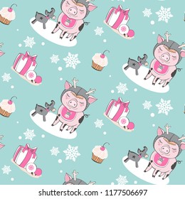 Set of cute pig cartoon seamless characters pattern. Chinese symbol of the 2019 year. Happy New Year. Cute funny piggy illustration.