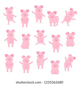A set of cute pig characters in different poses, sitting, standing, walking, hand up and down. Funny animal. The symbol of the Chinese New Year