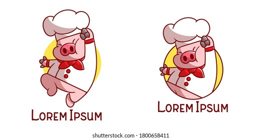 set of cute pig cheff mascot logo with optional apprearance. premium kawaii vector