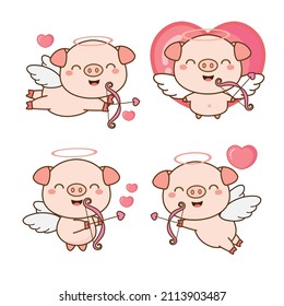  Set of cute pig cupid with bow and arrow.