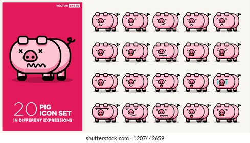 Set of Cute Pig Emoji Line Icons In Different Expressions