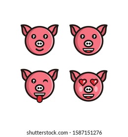 Set of cute pig emoticons with different expressions. Funny emoji faces. color line icon set .Simple cartoon vector illustration