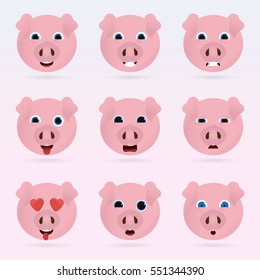 Set of cute pig emoticons. Various emotions of the character. Set of avatar icons. Vector illustration.
