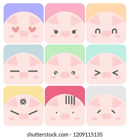 Set of cute pig emoticons. Vector illustration