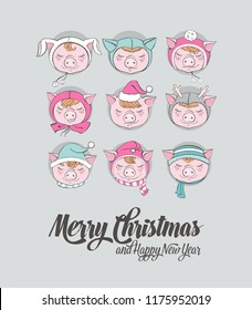 Set of cute pig farm cartoon characters. Chinese symbol of the 2019 year. Happy New Year. Cute animal illustration.