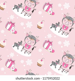 Set of cute pig farm cartoon pattern characters. Chinese symbol of the 2019 year. Happy New Year. Cute animal illustration.