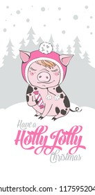 Set of cute pig farm cartoon characters. Chinese symbol of the 2019 year. Happy New Year. Cute animal illustration.