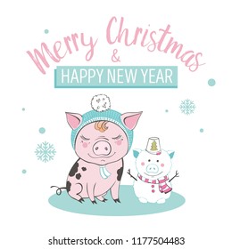 Set of cute pig farm cartoon characters. Chinese symbol of the 2019 year. Happy New Year. Cute animal illustration.