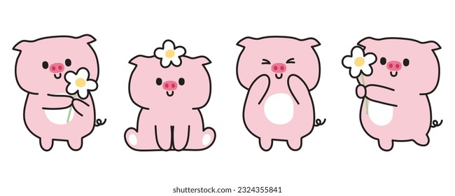 Set of cute pig with flower stand on white background.Farm animal character desin.Isolated.Kawaii.Vector.Illustration.