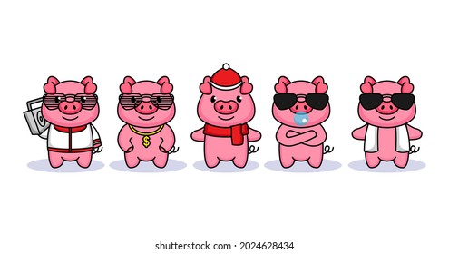 Set of cute pig with funky costume