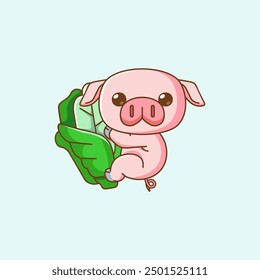 set Cute pig hug cabbage hanging kawaii chibi character mascot illustration outline style