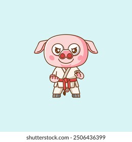 set Cute pig Karate training martial art kawaii chibi character mascot animal sport illustration outline design Icon