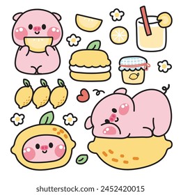 Set of cute pig in lemon concept.Farm animal character cartoon design collection.Juice,fruit,leaf,flower,macaron,jam hand drawn.Nature.Summer.Fresh.Kawaii.Vector.Illustration.