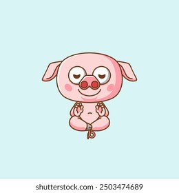 set Cute pig meditation yoga kawaii chibi character mascot illustration outline style design