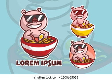 set of cute pig ramen mascot logo with optional apprearance. premium kawaii vector