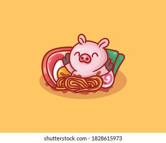 set of cute pig ramen mascot logo with optional appearance. premium kawaii vector
