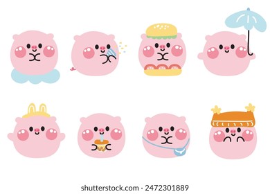 Conjunto de lindo cerdo de forma redonda pastel en varias poses en el fondo blanco.Granja animal personaje de dibujos animados diseño colección.Kawaii.Vector.ilustración.